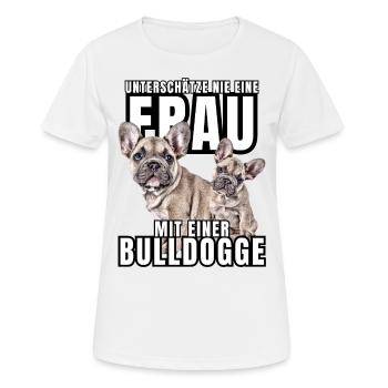 NEVER UNDERESTIMATE A WOMAN with Bulldog Dog DOG - Women's Breathable T-Shirt - white - Front - AI Model Female 172 dark (172cm)