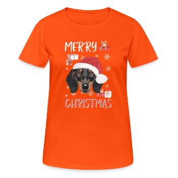 Dackel Frohe Weihnachten - Frauen T-Shirt atmungsaktiv - Neonorange - Vorne - AI Model Female 172 dark (172cm)