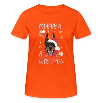 Dobermann Frohe Weihnachten - Frauen T-Shirt atmungsaktiv - Neonorange - Vorne - AI Model Female 172 dark (172cm)