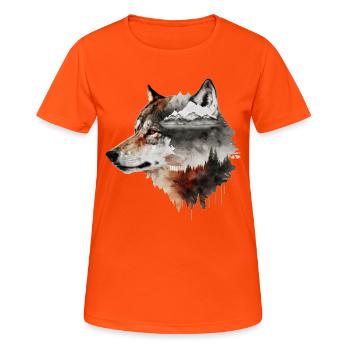 Wolf Berge Natur Wald Tier Tiermotiv Geschenkidee - Frauen T-Shirt atmungsaktiv - Neonorange - Vorne - AI Model Female 172 dark (172cm)