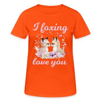 Niedlilches Fuchs Paar mit Blumenherz - Frauen T-Shirt atmungsaktiv - Neonorange - Vorne - AI Model Female 172 dark (172cm)