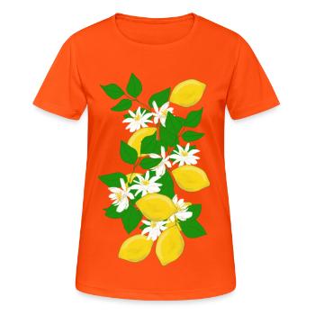 Zitronen, Zweig, Blüten - Frauen T-Shirt atmungsaktiv - Neonorange - Vorne - AI Model Female 172 dark (172cm)
