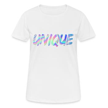 Unique Schriftzug holografisch - Frauen T-Shirt atmungsaktiv - Weiß - Vorne - AI Model Female 172 dark (172cm)