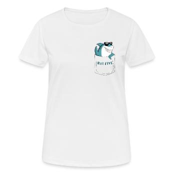 Haifisch High Five: HAI FIVE! - Brusttasche - Frauen T-Shirt atmungsaktiv - Weiß - Vorne - AI Model Female 172 dark (172cm)