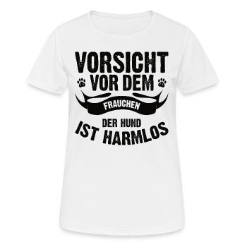 Vorsicht vor dem Frauchen der Hund ist harmlos - Frauen T-Shirt atmungsaktiv - Weiß - Vorne - AI Model Female 172 dark (172cm)