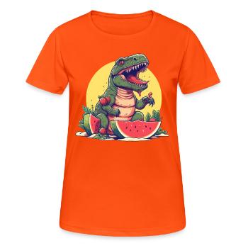 Dino T-Rex with melon and strawberry - Sunset Design - Women's Breathable T-Shirt - neon orange - Front - AI Model Female 172 dark (172cm)
