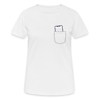 Brusttasche mit Smartphone Handy - Frauen T-Shirt atmungsaktiv - Weiß - Vorne - AI Model Female 172 dark (172cm)