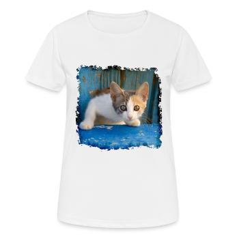 Sweet young kitten looking out of old blue door - Women's Breathable T-Shirt - white - Front - AI Model Female 172 dark (172cm)
