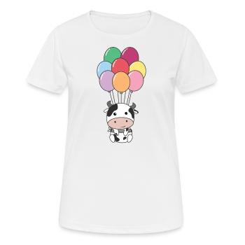 Cow flies upwards with colorful balloons - Women's Breathable T-Shirt - white - Front - AI Model Female 172 dark (172cm)
