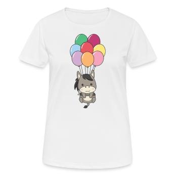 Donkey flies upwards with colorful balloons - Women's Breathable T-Shirt - white - Front - AI Model Female 172 dark (172cm)