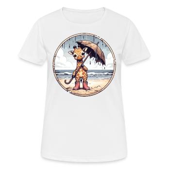 Giraffe in rubber boots with umbrella on the beach - Women's Breathable T-Shirt - white - Front - AI Model Female 172 dark (172cm)
