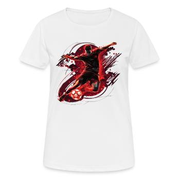 Ein Fußballer in einer dynamischen Aktion mit einem Torschuss. - Frauen T-Shirt atmungsaktiv - Weiß - Vorne - AI Model Female 172 dark (172cm)