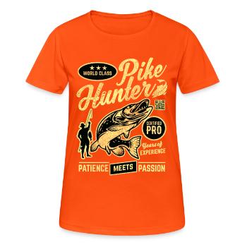 Angler Motif Chasseur de brochet de classe mondiale, Sépia - T-shirt respirant Femme - orange néon - Devant - AI Model Female 172 dark (172cm)