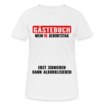 Gästebuch T-Shirt zum 18. Geburtstag – Lustige - Frauen T-Shirt atmungsaktiv - Weiß - Vorne - AI Model Female 172 dark (172cm)
