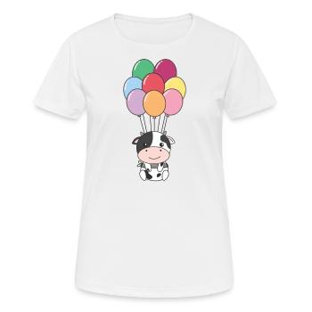 Cow flies upwards with colorful balloons - Women's Breathable T-Shirt - white - Front - AI Model Female 172 dark (172cm)