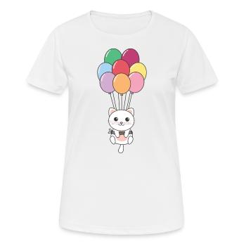 Cat flies upwards with colorful balloons - Women's Breathable T-Shirt - white - Front - AI Model Female 172 dark (172cm)