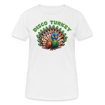 Thanksgiving turkey dressed as a peacock disco - Women's Breathable T-Shirt - white - Front - AI Model Female 172 dark (172cm)