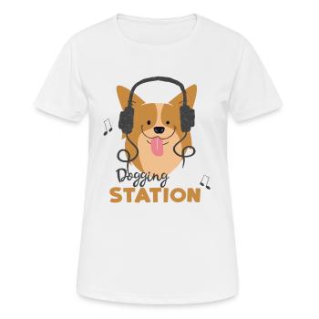 Corgi Hund Dogging Station - Kopfhörer Pods - Frauen T-Shirt atmungsaktiv - Weiß - Vorne - AI Model Female 172 dark (172cm)