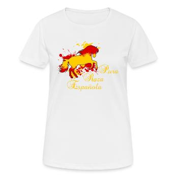 Spanisches Pferd im Galopp mit Text - Frauen T-Shirt atmungsaktiv - Weiß - Vorne - AI Model Female 172 dark (172cm)
