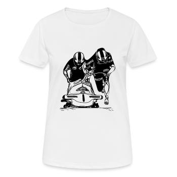 Winter sports enthusiasts and bobsleigh riders two-man bobsleigh in the ice channel - Women's Breathable T-Shirt - white - Front - AI Model Female 172 dark (172cm)