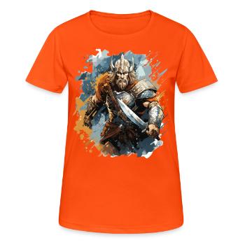 Ein Wikingerkrieger mit seinem Schwert - Frauen T-Shirt atmungsaktiv - Neonorange - Vorne - AI Model Female 172 dark (172cm)