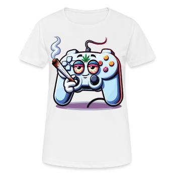 Ein Gamepad, das einen Cannabis-Joint raucht - Frauen T-Shirt atmungsaktiv - Weiß - Vorne - AI Model Female 172 dark (172cm)