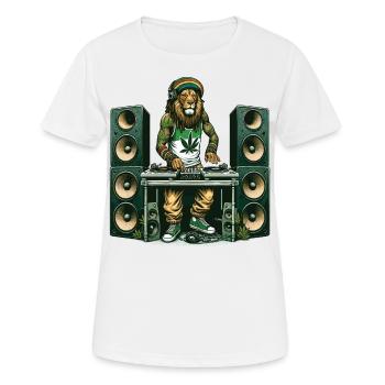 Ein Rasta-Löwen-DJ-Mixing, umgeben von Lautsprechern - Frauen T-Shirt atmungsaktiv - Weiß - Vorne - AI Model Female 172 dark (172cm)