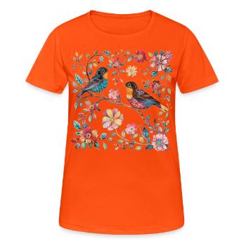 Kleine Vögel im Blumenmuster - Frauen T-Shirt atmungsaktiv - Neonorange - Vorne - AI Model Female 172 dark (172cm)
