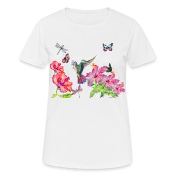 Hummingbird, dragonflies, butterflies and hibiscus - Women's Breathable T-Shirt - white - Front - AI Model Female 172 dark (172cm)