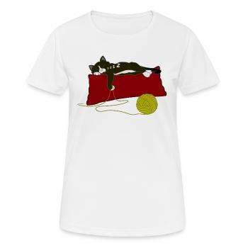 Sleeping shirt cat on pillow with balls of wool - Women's Breathable T-Shirt - white - Front - AI Model Female 172 dark (172cm)
