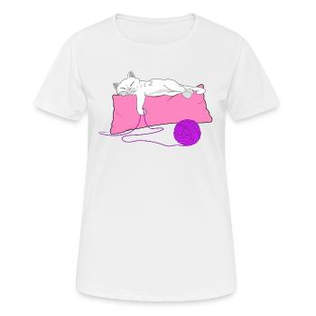 Sleeping shirt cat on pillow with balls of wool - Women's Breathable T-Shirt - white - Front - AI Model Female 172 dark (172cm)