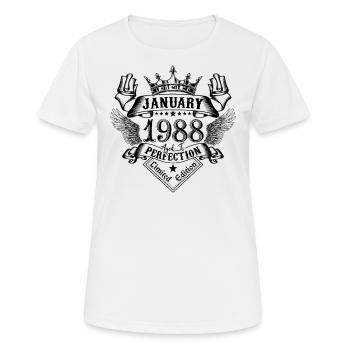 Janvier 1988 Janvier 1988 né en Janvier - T-shirt respirant Femme - blanc - Devant - AI Model Female 172 dark (172cm)