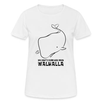 Wo geht's denn hier nach Walhalla - Wal - Spruch - Frauen T-Shirt atmungsaktiv - Weiß - Vorne - AI Model Female 172 dark (172cm)