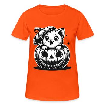 Verrückte Katze im Halloween-Kürbis - Frauen T-Shirt atmungsaktiv - Neonorange - Vorne - AI Model Female 172 dark (172cm)