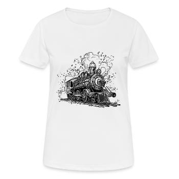 Rauchende Dampflokomotive auf Gleisen unter Dampf - Frauen T-Shirt atmungsaktiv - Weiß - Vorne - AI Model Female 172 dark (172cm)