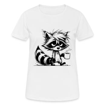 Verschlafener müder Waschbär mit Kaffeetasse - Frauen T-Shirt atmungsaktiv - Weiß - Vorne - AI Model Female 172 dark (172cm)