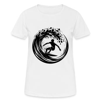 Wellen Surfboard und Surfer im Wellen Tunnel - Frauen T-Shirt atmungsaktiv - Weiß - Vorne - AI Model Female 172 dark (172cm)