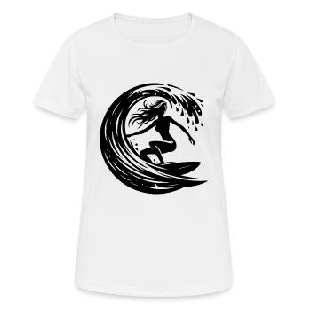 Elegante Surferin mit Surfbrett im Wellen Tunnel - Frauen T-Shirt atmungsaktiv - Weiß - Vorne - AI Model Female 172 dark (172cm)