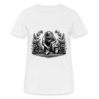 Hobbygärtner beim gärtnern im Blumenbeet - Frauen T-Shirt atmungsaktiv - Weiß - Vorne - AI Model Female 172 dark (172cm)