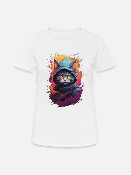 Fiery Feline Warrior: Detaljert Ninja Cat - Dame T-shirt svedtransporterende - hvid