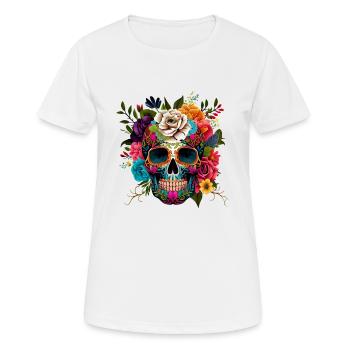 Totenkopf Blumen Bunt - Frauen T-Shirt atmungsaktiv - Weiß - Vorne - AI Model Female 172 dark (172cm)