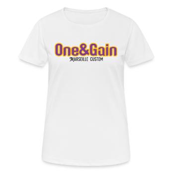 LOGO ONE&GAIN ROUGE CONTOUR JAUNE - T-shirt respirant Femme - blanc - Devant - AI Model Female 172 dark (172cm)