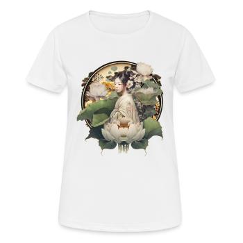 Zarte Anmut: Sitzendes Lotusmädchen aus China - Frauen T-Shirt atmungsaktiv - Weiß - Vorne - AI Model Female 172 dark (172cm)