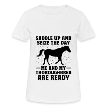 Courses de chevaux pur-sang Équitation Chevaux équestres - T-shirt respirant Femme - blanc - Devant - AI Model Female 172 dark (172cm)