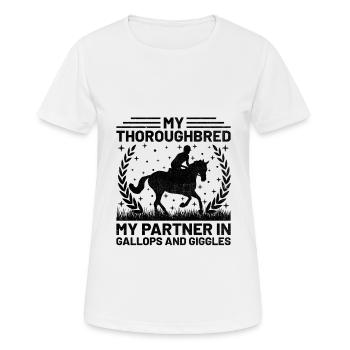Courses de chevaux pur-sang Équitation Chevaux équestres - T-shirt respirant Femme - blanc - Devant - AI Model Female 172 dark (172cm)