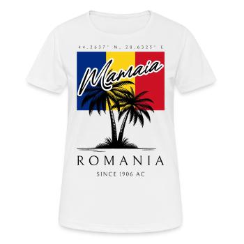 Mamaia Palmen Flagge Reise Souvenir - Frauen T-Shirt atmungsaktiv - Weiß - Vorne - AI Model Female 172 dark (172cm)