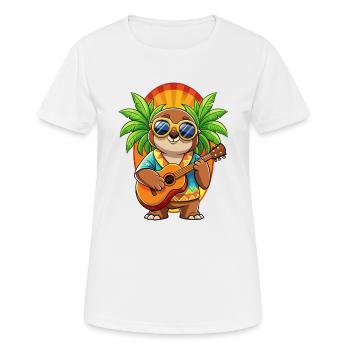 Funny Sloth Cartoon Summer Beach Sunglasses Guitar - Women's Breathable T-Shirt - white - Front - AI Model Female 172 dark (172cm)