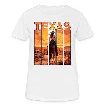 Balades à cheval à motif Texas dans le coucher du soleil - T-shirt respirant Femme - blanc - Devant - AI Model Female 172 dark (172cm)