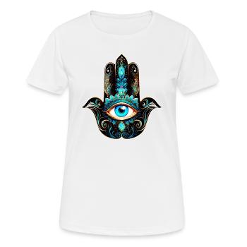La main Hamsa, œil qui voit tout, Nazar, symbole de protection - T-shirt respirant Femme - blanc - Devant - AI Model Female 172 dark (172cm)