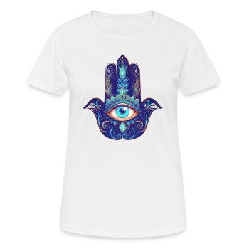 La main Hamsa, œil qui voit tout, Nazar, symbole de protection - T-shirt respirant Femme - blanc - Devant - AI Model Female 172 dark (172cm)